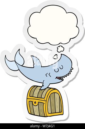 cartoon shark swimming over treasure chest with thought bubble as a printed sticker Stock Vector