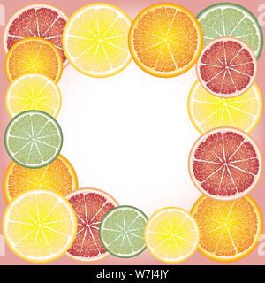 Cheerful, bright frame of circles of citrus fruits: orange, lemon, grapefruit, lime. Greeting card background Stock Vector