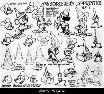 WALT DISNEY FANTASIA 1940 character model sheet for MICKEY MOUSE in THE SORCERER'S APPRENTICE sequence director James Algar orchestra conducted by Leopold STOKOWSKI Animated Feature Film Walt Disney Productions / RKO Radio Pictures Stock Photo