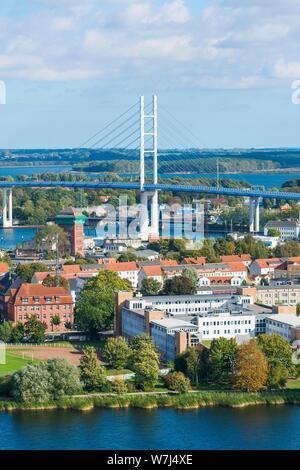 Town view with bridge Rugenbrucke, behind island Rugen, view from the tower of the St. Mary's Church, Stralsund, Mecklenburg-Western Pomerania Stock Photo