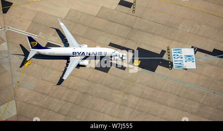 Aerial view, RyanAir aircraft on the apron at a parking position with parking marking, Cologne-Bonn Airport, Cologne-Porz, Cologne, Rhineland, North Stock Photo
