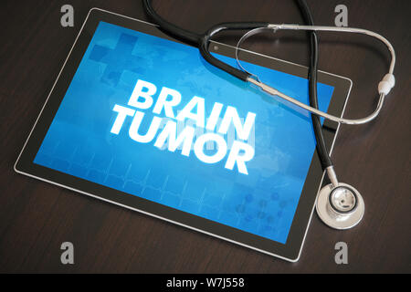 Brain tumor (cancer type) diagnosis medical concept on tablet screen with stethoscope. Stock Photo