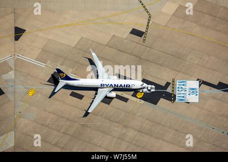 Aerial view, RyanAir aircraft on the apron at a parking position with parking marking, Cologne-Bonn Airport, Cologne-Porz, Cologne, Rhineland, North Stock Photo