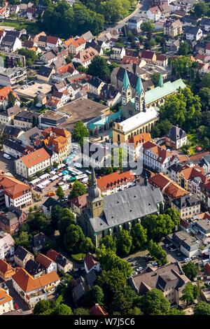 Aerial view, Werl city centre with market square, pilgrimage basilica and St. Walburga church, Werl, North Rhine-Westphalia, Germany Stock Photo