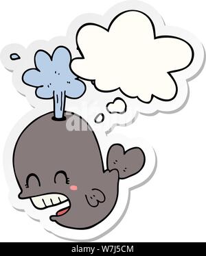 cartoon spouting whale with thought bubble as a printed sticker Stock Vector