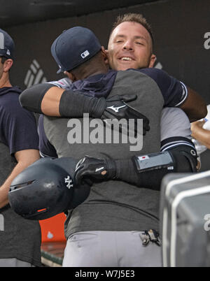 Baltimore, United States Of America. 05th Aug, 2019. New York Yankees catcher Austin Romine (28) celebrates his solo home run in the second inning with an unidentified teammate against the Baltimore Orioles at Oriole Park at Camden Yards in Baltimore, MD on Monday, August 5, 2019.Credit: Ron Sachs/CNP (RESTRICTION: NO New York or New Jersey Newspapers or newspapers within a 75 mile radius of New York City) | usage worldwide Credit: dpa/Alamy Live News Stock Photo