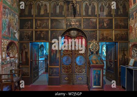 Altar wall of the Church of the Exaltation of the Cross, Patrauti Vltava Monastery from the 15th century, Patrauti, Romania Stock Photo