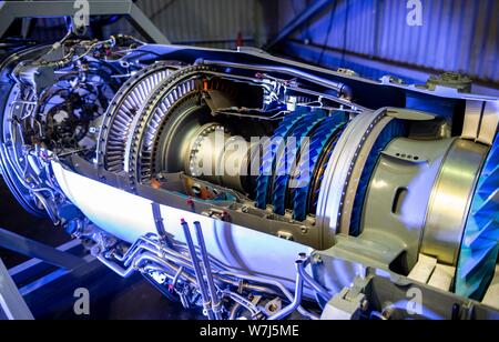 Gas turbine, engine helicopter, view inside the engine, compressor, combustion chamber and turbine, exhibit, Paris, France Stock Photo