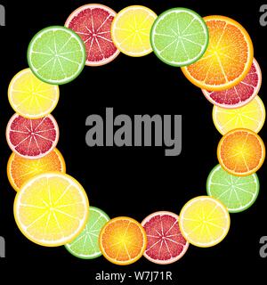 Cheerful, bright frame of circles of citrus fruits: orange, lemon, grapefruit, lime. Greeting card background Stock Vector