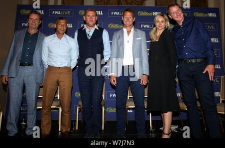 (Left to right) Gerry Cox- Former Chairman of FWA/Hayters TV, Chris Hughton - Former Brighton Manager, Simon Jordan- Former Crystal Palace Owner & Broadcaster, Teddy Sheringham, Carrie Brown- FWA Chair and Henry Winter - Sports Editor of The Times during the FWA Live Season Preview at The Landmark Hotel, London. Stock Photo
