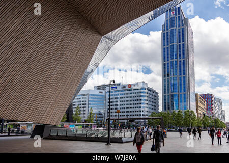 Rotterdam Netherlands, July 1st, 2019. Rotterdam Centraal, Central station building entrance. Blue sky with clouds. Stock Photo