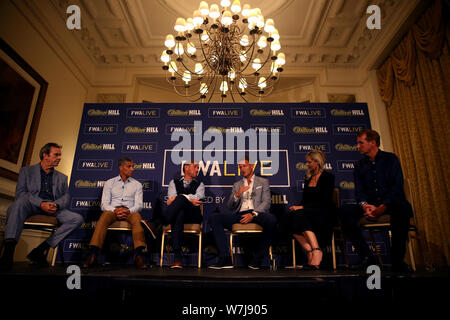 (Left to right) Gerry Cox- Former Chairman of FWA/ Hayters TV, Chris Hughton- Former Brighton Manager, Simon Jordan- Former Crystal Palace Owner & Broadcaster, Teddy Sheringham, Carrie Brown- FWA Chair and Henry Winter- Sports Editor of The Times during the FWA Live Season Preview at The Landmark Hotel, London. Stock Photo