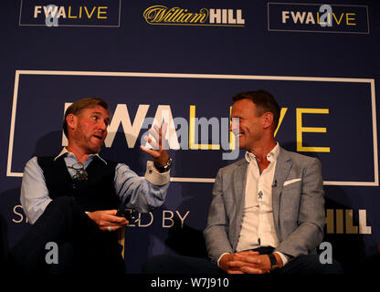 Simon Jordan, Former Crystal Palace Owner & Broadcaster, and Teddy Sheringham during the FWA Live Season Preview at The Landmark Hotel, London. Stock Photo
