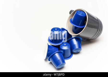 Coffee pods for instant coffee at home on a white table with espresso cup Stock Photo