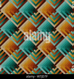 Abstract ornate knitting seamless vector pattern in turquoise and orange hues with smooth color transition as a fabric texture Stock Vector