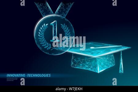 E-learning distance graduate certificate achievement program concept. Low poly 3D first 1 place winner contest. Internet education business course Stock Vector