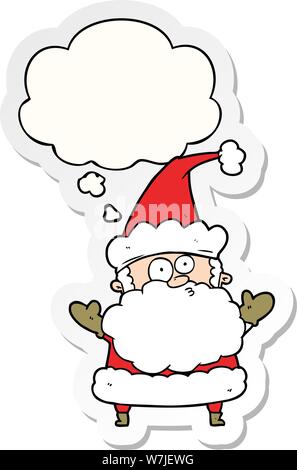 cartoon confused santa claus with thought bubble as a printed sticker Stock Vector