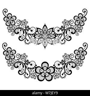 Vintage lace half wreath single vector pattern set - floral lace design collection, retro openwork background in black on white Stock Vector