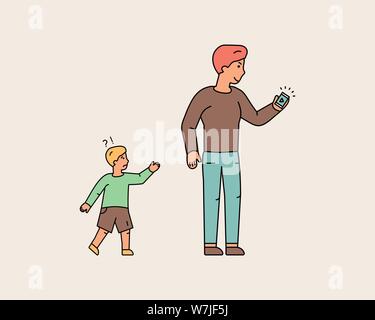 Young man forgot little boy while looking at the phone. Son trying to catch up with father. Child loss. Distracted man. Colorful Line Characters Peopl Stock Vector