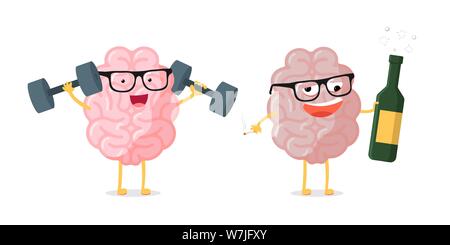 Funny cartoon brain character pair healthy vs unhealthy. Comparison human anatomy internal organ mascot happy clever with dumbells and ill drunk with alcohol bottle and cigarette. Vector illustration Stock Vector