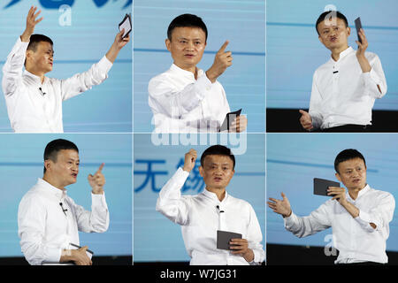 This composite photo shows facial expressions and gestures of Jack Ma or Ma Yun, chairman of Chinese e-commerce giant Alibaba Group, as he delivers a Stock Photo