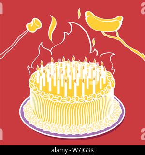 Birthday cake/bonfire. A birthday cake with so many candles you can roast hot dogs and marshmallows Stock Vector