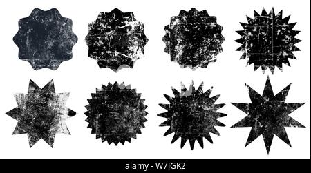 Set of black grunge starburst stamps on white background. Set of web icons. Badges and labels various shapes.  Vector illustration Stock Vector