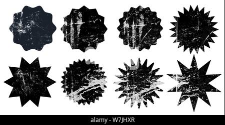 Set of black grunge starburst stamps on white background. Set of web icons. Badges and labels various shapes.  Vector illustration Stock Vector