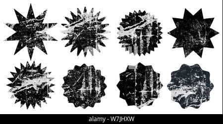 Set of black grunge starburst stamps on white background. Set of web icons. Badges and labels various shapes.  Vector illustration Stock Vector