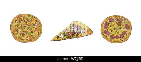 Pizza vector set of different types. Margarita and pepperoni, seafood. Italian food with cheese and tomato in pizzeria or pizza house illustration set Stock Vector