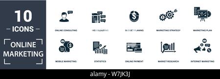 Online Marketing icon set. Contain filled flat internet marketing, statistics, marketing plan, market research, web blogging, budget planing icons Stock Vector