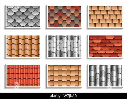 Set of seamless roof tiles textures. 3D patterns of rooftop materials Stock Vector