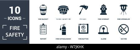 Fire Safety icon set. Contain filled flat smoke detector, fire extinguisher, report, alarm, sprinkler, no fire, fire axe, fire hydrant icons. Editable Stock Vector