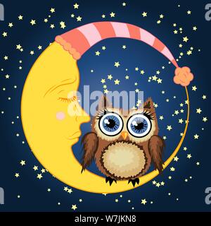 Cute cartoon brown owl sits on the slumbering crescent moon in the night sky with stars Stock Vector