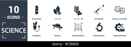 Science icon set. Contain filled flat agriculture, bioengineering, bioinformatics, bio weapon, parallel universe, ufology, ecology, microbiology icons Stock Vector