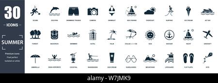 Summer icon set. Contain filled flat sun, anchor, sunglasses, palm, aircraft, backpack, swimsuit icons. Editable format Stock Vector