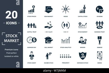 Stock Market icon set. Contain filled flat bear market, stock market, stock prices, stock agent, business day, capital stock, commission icons Stock Vector