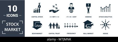 Stock Market icon set. Contain filled flat bear market, bull market, stock analytics, stock agent, capital stock, capital trust, demand, frequency Stock Vector