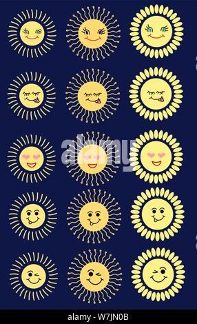 Set of sun emoticon illustrations, cartoon designs in flat art for weather or climate project, avatars, children clothes. Stock Vector