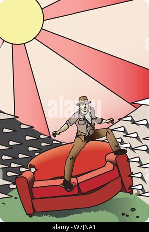 Movie adventurer on a couch. On either side of the couch walls of spikes close in. A hot sun burns overhead Stock Vector
