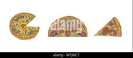 Pizza set of different types. Margarita and pepperoni, seafood. Italian food with cheese and tomato in pizzeria or pizza house illustration set of bak Stock Vector