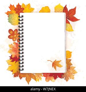 Open spiral notebook with autumn leaves vector background Stock Vector