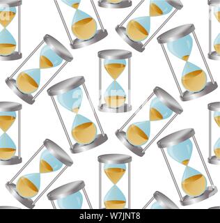 A seamless pattern with an hourglass, in which coins are poured, money along with the sand, displaying the concept of time and money Stock Vector
