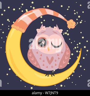 cute cartoon sleeping owl in circles with closed eyes sits on a drowsy crescent among the stars Stock Vector