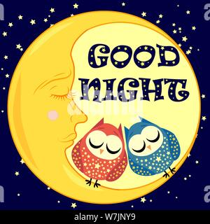 Good night. A postcard with a dozing crescent, two lovely cartoon owls and text. Stock Vector