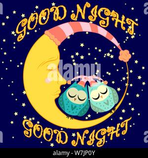 Good night. A postcard with a dozing crescent, two lovely cartoon owls and text. Stock Vector