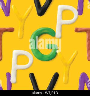 Seamless pattern with alphabet. Handmade modeling clay letters. Realistic 3d vector lettering background. Stock Vector