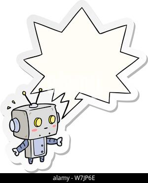 cute cartoon surprised robot with speech bubble sticker Stock Vector