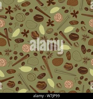 seamless vector pattern of coffee beans and spices used to make different coffee flavour Stock Vector