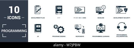 Programmer icon set. Contain filled flat development plan, programming learning, js, laptop coding, responsive, program coding icons. Editable format Stock Vector